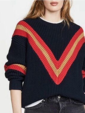 rag & bone Navy Crewneck Sweater with Red and Gold V-Stripe